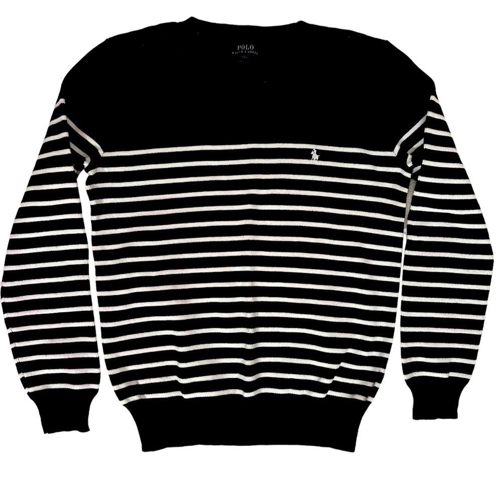 Polo Ralph Lauren Boys Navy White Stripe Cotton Crew Neck Sweater L (14 - 16)